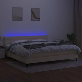 Pat cu arcuri, saltea si LED, crem, 200x200 cm, textil Crem, 200 x 200 cm, Benzi orizontale