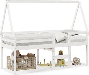 vidaXL Pat înalt cu acoperiș, alb, 90x190 cm, lemn masiv de pin