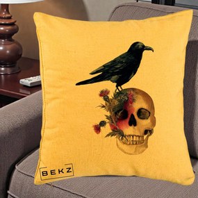 Perna Decorativa Craniu cu Corb si Flori Gothic, 40x40 cm, Galben, Husa Detasabila, Perna Inclusa, BEKZ®