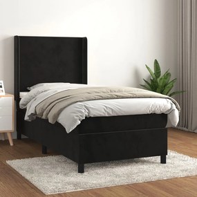 Pat box spring cu saltea, negru, 90x190 cm, catifea Negru, 90 x 190 cm, Design simplu