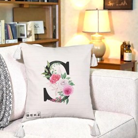 Cadou Personalizat - Perna Personalizata Monograma Florala Litera S, 40x40 cm, Bej cu Franjuri, Husa Detasabila, Perna Inclusa, BEKZ®