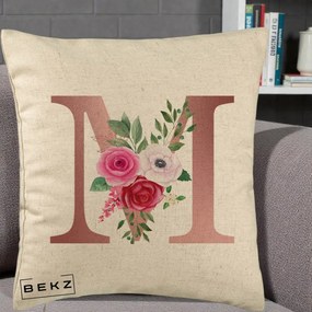 Cadou Personalizat - Perna Personalizata Monograma Rose Gold Litera M cu Trandafiri, 40x40 cm, Bej, Husa Detasabila, Perna Inclusa, BEKZ®