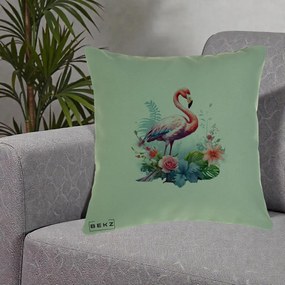 Perna Decorativa Flamingo cu Flori Tropicale Acuarela, 40x40 cm, Verde, Husa Detasabila, Perna Inclusa, BEKZ®