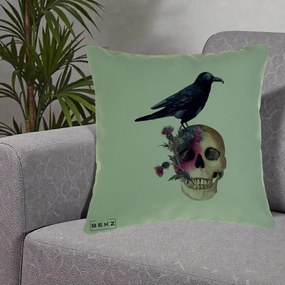 Perna Decorativa Craniu cu Corb si Flori Gothic, 40x40 cm, Verde, Husa Detasabila, Perna Inclusa, BEKZ®
