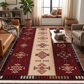 Covor camera antiderapant, 80x200 cm, etnic oriental rosu