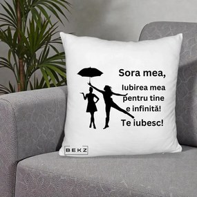 Cadou pentru Sora - Perna Personalizata Sora Mea Te Iubesc Siluete Negre cu Umbrela, 40x40 cm, Alb Pufos, Husa Detasabila, Perna Inclusa, BEKZ®