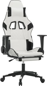 vidaXL Scaun de gaming cu suport picioare, alb/negru, piele ecologică