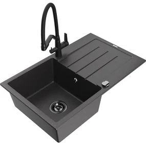 Mexen Bruno chiuvetă din granit cu 1 cuvă cu scurgător și baterie Duo, negru pătat - 6513-76-671701-70-B