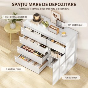HOMCOM Bufet Modern cu 5 Sertare și Raft Reglabil, Alb Lucios | Aosom Romania