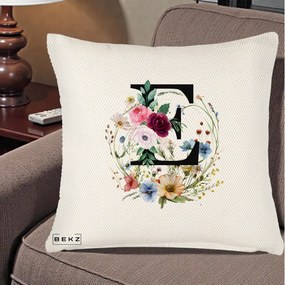 Cadou Personalizat - Perna Personalizata Monogram Litera E cu Flori Acuarela, 40x40 cm, Crem Reliefat, Husa Detasabila, Perna Inclusa, BEKZ®