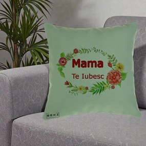 Cadou pentru Mama - Perna Personalizata Mama Te Iubesc Flori Rosii, 40x40 cm, Verde, Husa Detasabila, Perna Inclusa, BEKZ®