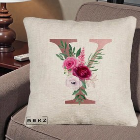Cadou Personalizat - Perna Personalizata Monograma Rose Gold Litera Y, 40x40 cm, Bej Canapea, Husa Detasabila, Perna Inclusa, BEKZ®