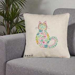 Perna Decorativa Pisica Florala Acuarela, 40x40 cm, Bej Canapea, Husa Detasabila, Perna Inclusa, BEKZ®