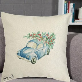Perna Decorativa Masinuta Albastra cu Brad de Craciun, 40x40 cm, Ecru, Husa Detasabila, Perna Inclusa, BEKZ®