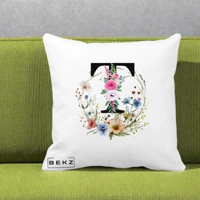 Cadou Personalizat - Perna Personalizata Monogram Litera T cu Flori Acuarela, 40x40 cm, Alba Mata, Husa Detasabila, Perna Inclusa, BEKZ®