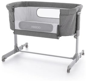 Patut co-sleeper, Feedo, Pliabil, Reglabil in 5 pozitii, Cu laterala detasabila, Include geanta de transport si salteluta, Cu roti, Greutate maxima suportata 9 kg, 0-5 luni, Gri