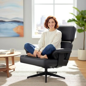 HOMCOM Fotoliu recliner reglabil cu otoman, tapițerie din piele ecologică, tetieră reglabilă pe înălțime, bază metalică, Negru | Aosom Romania