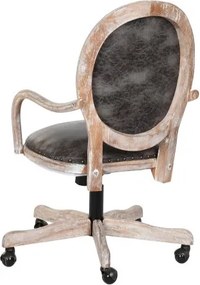Scaun vintage de birou din piele ecologică maro închis cu roți și înălțime reglabilă, lemn cu finisaj alb antichizat, „Régent"