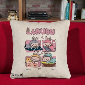 Perna Personalizata Labubu Sleeping Quad Grid, 40x40 cm, Bej Canapea, Husa Detasabila, Perna Inclusa, BEKZ®