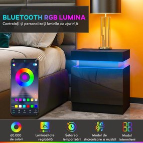 HOMCOM Masă de noapte neagră cu lumină LED, Front lucios cu 2 sertare, pentru Sufragerie, Dormitor | Aosom Romania