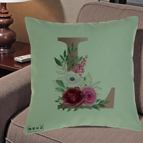 Cadou Personalizat - Perna Personalizata Monograma Rose Gold Litera L, 40x40 cm, Verde, Husa Detasabila, Perna Inclusa, BEKZ®