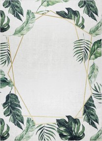 ANDRE 1168 covor lavabil Monstera pleacă, geometric anti-alunecare - alb / verde - SECUNDAR-COTATI PRODUSUL
