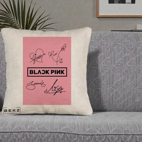 Perna Personalizata K-pop BLACKPINK Semnaturi Roz, 40x40 cm, Bej Canapea, Husa Detasabila, Perna Inclusa, BEKZ®