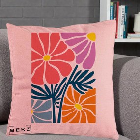 Perna Decorativa Flori Grafice Roz-Orange-Albastru, 40x40 cm, Roz, Husa Detasabila, Perna Inclusa, BEKZ®