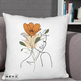 Perna Decorativa Portret Feminin Floare Portocalie, 40x40 cm, Alb Pufos, Husa Detasabila, Perna Inclusa, BEKZ®
