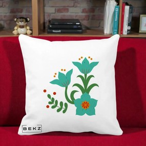 Perna Decorativa Flori Stilizate Folk Turcoaz, 40x40 cm, Alba Mata, Husa Detasabila, Perna Inclusa, BEKZ®