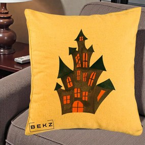 Perna Decorativa Halloween Casa Bantuita Minimalista, 40x40 cm, Galben, Husa Detasabila, Perna Inclusa, BEKZ®