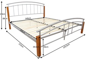 Pat matrimonial, lemn arin metal argintiu, 140x200, MIRELA