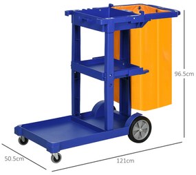 HOMCOM Cărucior de Curățenie Profesional cu 3 Rafturi, Cârlige pentru Mătură și Sac de 100L, Dimensiuni 121x50,5x96,5 cm, Albastru | Aosom România