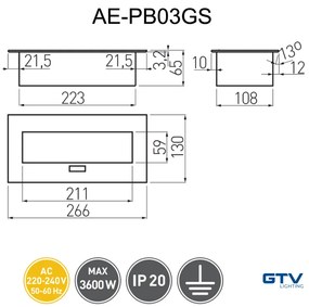 Priza incastrabila dreptunghiulara , 3 prize schuko, aluminiu, fara cablu, GTV