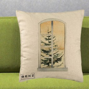 Perna Decorativa Fereastra cu Brad de Iarna, 40x40 cm, Bej, Husa Detasabila, Perna Inclusa, BEKZ®