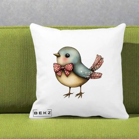 Perna Decorativa Pasare Bleu cu Fundita Rosie, 40x40 cm, Alba Mata, Husa Detasabila, Perna Inclusa, BEKZ®