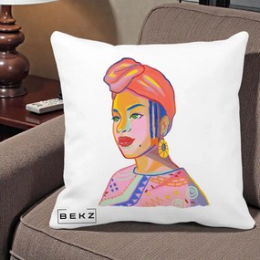 Perna Decorativa Portret Femeie Africana, 40x40 cm, Alba Mata, Husa Detasabila, Perna Inclusa, BEKZ®