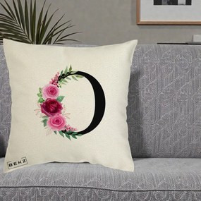 Cadou Personalizat - Perna Personalizata Monograma Florala Litera O, 40x40 cm, Ecru, Husa Detasabila, Perna Inclusa, BEKZ®