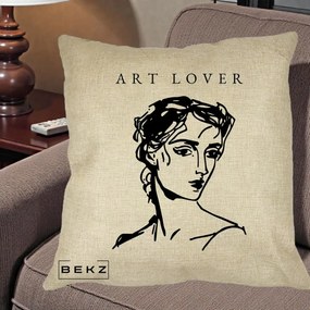 Perna Decorativa Art Lover Portret Grafic, 40x40 cm, Crem, Husa Detasabila, Perna Inclusa, BEKZ®