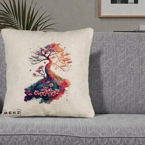 Perna Decorativa Copac Sakura Acuarela Fantasy, 40x40 cm, Bej Canapea, Husa Detasabila, Perna Inclusa, BEKZ®