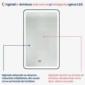 Oglindă LED Dreptunghiulară (60x100 cm), Lumină Rece, Intensitate Reglabilă, Funcție Dezaburire, Ceas (Timer) și Termometru, Ramă Aluminiu, Control Tactil (Touch)