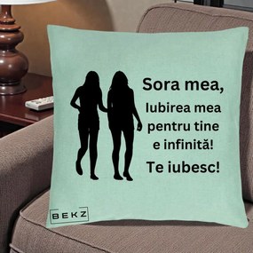Cadou pentru Sora - Perna Personalizata Sora Mea Te Iubesc Siluete Negre Tinand Maini, 40x40 cm, Verde Menta, Husa Detasabila, Perna Inclusa, BEKZ®
