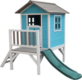 Căsuţă pentru grădină din lemn pentru copii cu tobogan, albastru / gri / alb, MAILEN