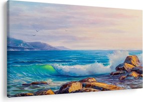 Tablou - Valuri lovind stânci, pictură în ulei (90x60 cm)