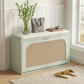 HOMCOM Banc pentru pantofi, banc de depozitare, șezut căptușit, sertar rabatabil, ușă din ratan, 80 x 26 x 47,5 cm, verde | Aosom Romania