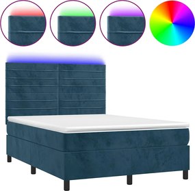 vidaXL Pat cu arcuri, saltea și LED, bleumarin, 140x190 cm, catifea