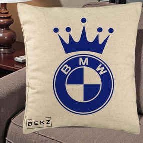Perna Personalizata cu emblema BMW si Coroana, 40x40 cm, Bej, Husa Detasabila, Perna Inclusa, BEKZ®