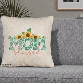 Cadou pentru Mama - Perna Personalizata Mom Blessed cu Floarea Soarelui Animal Print Teal, 40x40 cm, Bej Canapea, Husa Detasabila, Perna Inclusa, BEKZ®