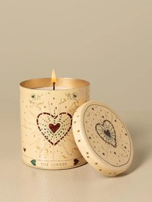 Lumânare artizanală în cutie din metal natur cu capac, pictată manual cu inimă și stele, finisaj lucios, 10 x 9 x 9 cm, „Amoureux”