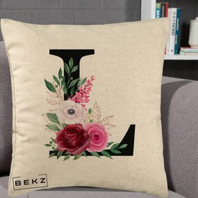 Cadou Personalizat - Perna Personalizata Monograma Florala Litera L, 40x40 cm, Bej, Husa Detasabila, Perna Inclusa, BEKZ®